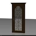 Elegant Brown Wooden Door with Intricate Wrought Iron Scroll Design and Handle