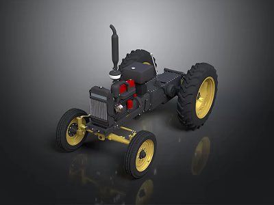 Black Heavy Duty Tractor With Yellow Wheels And Red Engine Components 3d model