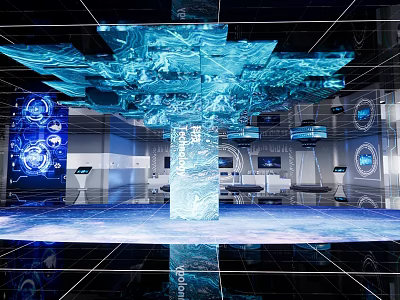 Hi Tech Exhibition Hall With Blue Illumination Interactive Screens Central Installation And Reflective Floor 3d model
