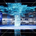 Hi Tech Exhibition Hall With Blue Illumination Interactive Screens Central Installation And Reflective Floor
