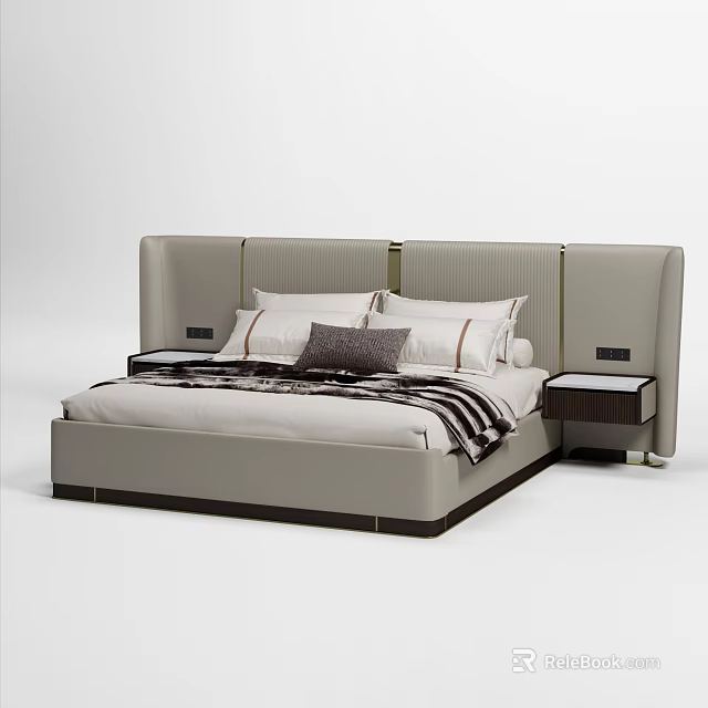 Modern Double Bed With Upholstered Headboard Nightstands And Striped Blanket 3d model