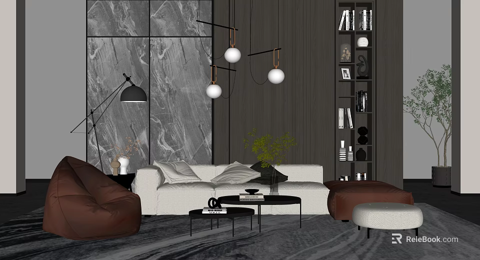 Modern Sofa Coffee Table Set Interior With White Sofa Black Tables And Pendant Lights 3d model