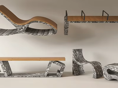 Modern Outdoor Chairs With Unique Geometric Design And Wooden Stone Texture 3d model