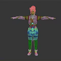 Woman with white hair wearing red black top blue jeans knee pads and arms outstretched