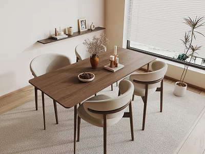 Minimalist Wooden Dining Table Set with Beige Chairs Decorative Vase Bowl and Window Blinds 3d model