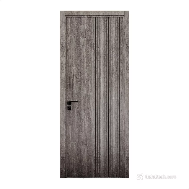 Modern Wooden Gray Toned Sliding Door With Vertical Stripes And Black Handle 3d model 