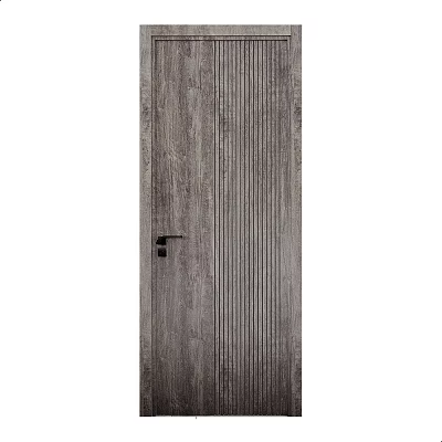 Modern Wooden Gray Toned Sliding Door With Vertical Stripes And Black Handle 3d model