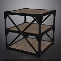 Industrial Three Tier Storage Shelf With Black Metal Frame And Wooden Shelves