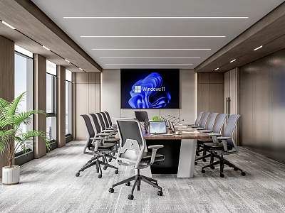 Modern Conference Room Interior With Long Meeting Table Ergonomic Chairs Large Screen And Potted Plant 3d model