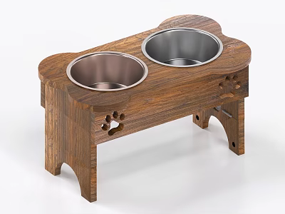 Wooden Elevated Pet Bowl Stand With Double Bowls And Paw Prints Design 3d model
