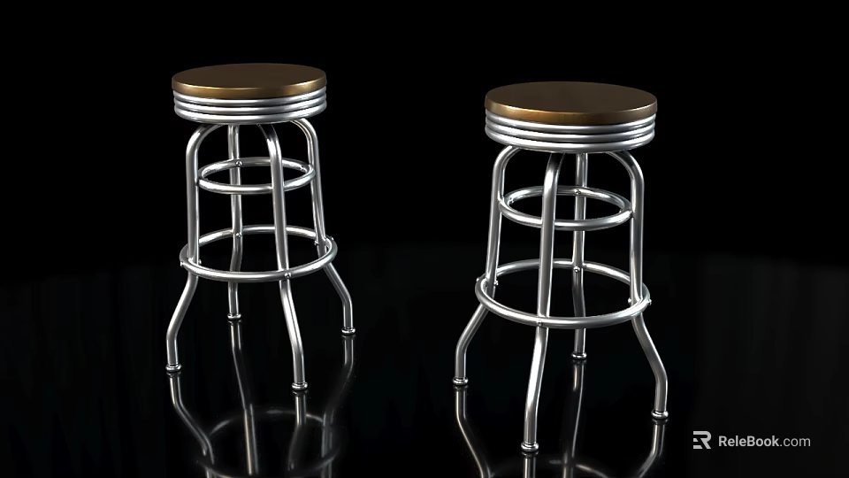 Silver Metal Frame Bar Stools With Golden Round Seat On Black Reflective Background 3d model 