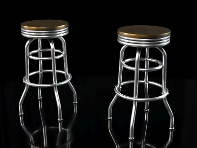 Silver Metal Frame Bar Stools With Golden Round Seat On Black Reflective Background 3d model