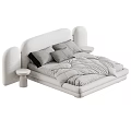 Modern Upholstered Double Bed With Curved Headboard White Bedding Wooden Side Tables And Hanging Lights