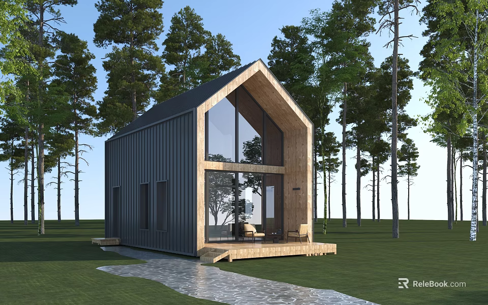Modern Detached Villa Surrounded by Trees With Large Glass Windows Wooden Accents and Green Lawn 3d model 