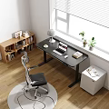 Work Desk Setup With Ergonomic Chair Laptop Desk Lamp Books And Green Plants