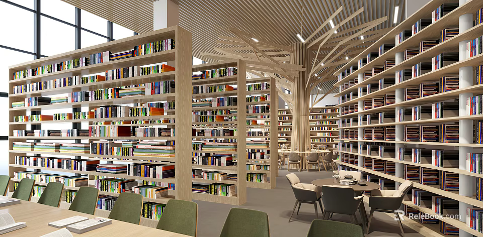 Book Art Inspired Library Interior With Tall Bookshelves Various Books And Reading Tables 3d model 
