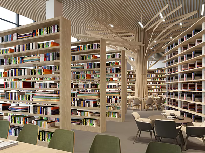 Book Art Inspired Library Interior With Tall Bookshelves Various Books And Reading Tables 3d model