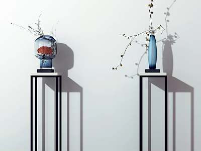 Blue and Red Vases with Flower Branches on Black Pedestals Against White Wall 3d model