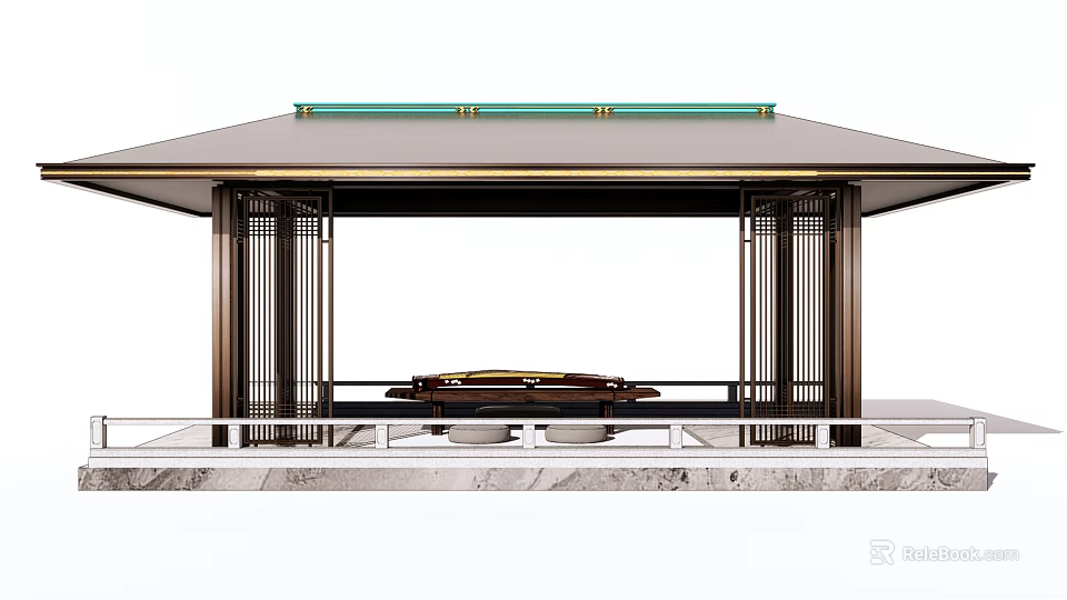 Elegant Pavilion Structure With Green Trim Canopy Metal Columns Car And Marble Floor 3d model 