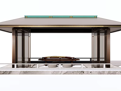 Elegant Pavilion Structure With Green Trim Canopy Metal Columns Car And Marble Floor 3d model