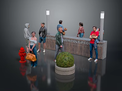 People Standing in Seattle Community Pro Outdoor Area with Street Lamps Fire Hydrant and Bushes 3d model
