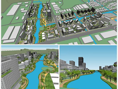 Modern Office Buildings In Urban Area With River And Green Landscape Features 3d model