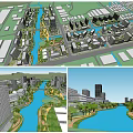 Modern Office Buildings In Urban Area With River And Green Landscape Features