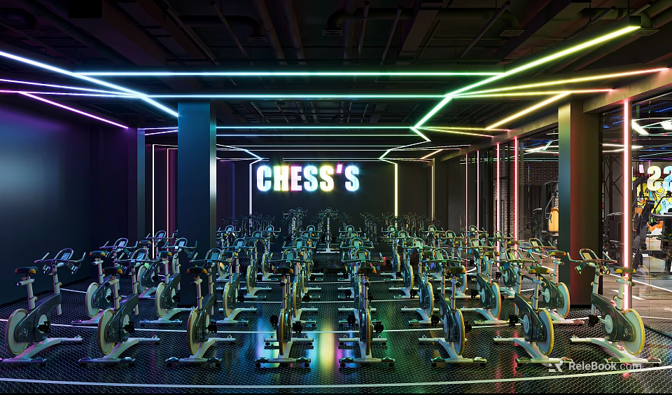 Chess's Fitness Gym Interior With Neon Lights And Arranged Spin Bikes 3d model 
