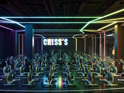 Chess's Fitness Gym Interior With Neon Lights And Arranged Spin Bikes 3d model
