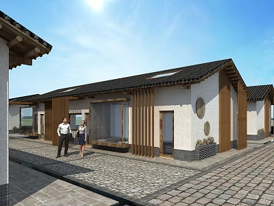 Traditional Homestay Building With Black Roof Wooden Lattice White Exterior And Stone Paved Courtyard 3d model