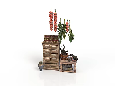 Rustic Wooden Chest of Drawers With Hanging Red Produce Potted Plant And Decorative Items 3d model