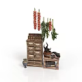 Rustic Wooden Chest of Drawers With Hanging Red Produce Potted Plant And Decorative Items