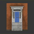 Building Entrance With Red Brick Wall Blue Door And White Frame Concrete Steps