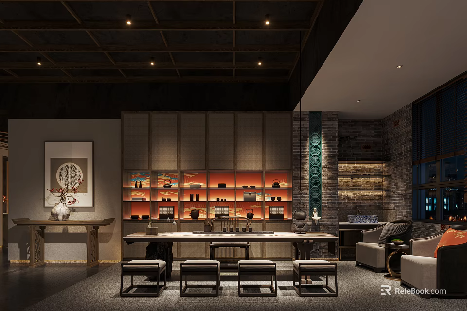 Traditional Tea Room Interior With Display Shelves Seating And Art 3d model 