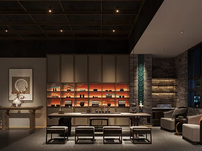 Traditional Tea Room Interior With Display Shelves Seating And Art 3d model