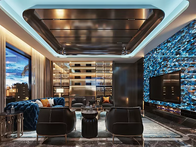 Modern Luxury Living Room Interior With Blue Sofa Black Armchairs And Mosaic TV Wall 3d model