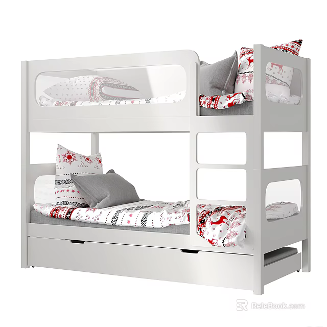 White Frame Bunk Bed With Red And White Patterned Bedding For Kids Room 3d model