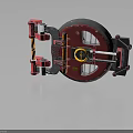 Industrial Equipment With Red Circular Component Metal Frame Yellow Gauge Pipes And Brackets Textured Surface