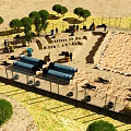 Aerial View of Outdoor Sandy Area With Trees Fence Blue Cylindrical Equipment and People