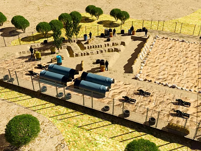 Aerial View of Outdoor Sandy Area With Trees Fence Blue Cylindrical Equipment and People 3d model