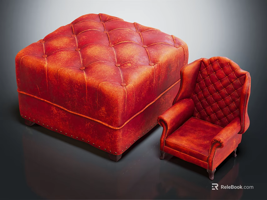 Red Tufted Leather Single Seater Sofa with Diamond Pattern and Matching Square Ottoman 3d model 
