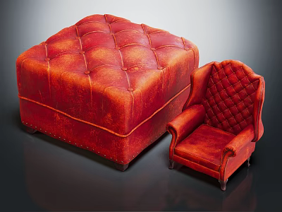 Red Tufted Leather Single Seater Sofa with Diamond Pattern and Matching Square Ottoman 3d model