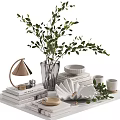 Decorative Ornament Combination With Green Plant Table Lamp Books Vase And Plates