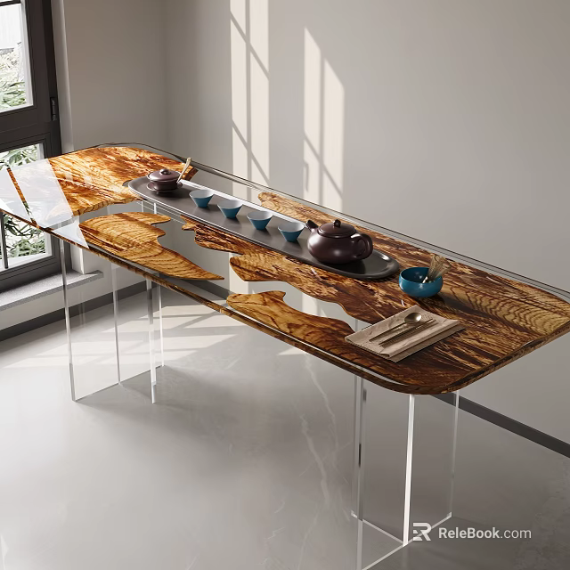 Modern Tea Table and Chairs with Transparent Legs Wooden Top Featuring Tea Set 3d model 