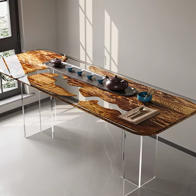 Modern Tea Table and Chairs with Transparent Legs Wooden Top Featuring Tea Set 3d model
