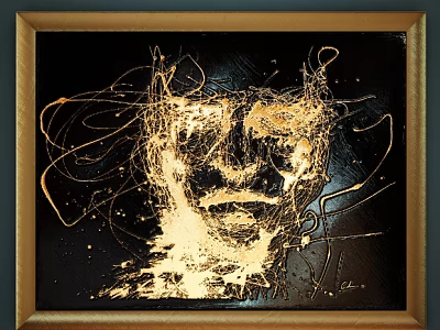 Abstract Painting with Golden Frame Black Background Featuring Face Outline Golden Lines Brushstrokes Splatter Effects 3d model