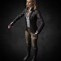 Woman Wearing Black Leather Jacket Light Blue Shirt And Brown Pants With Fingerless Gloves