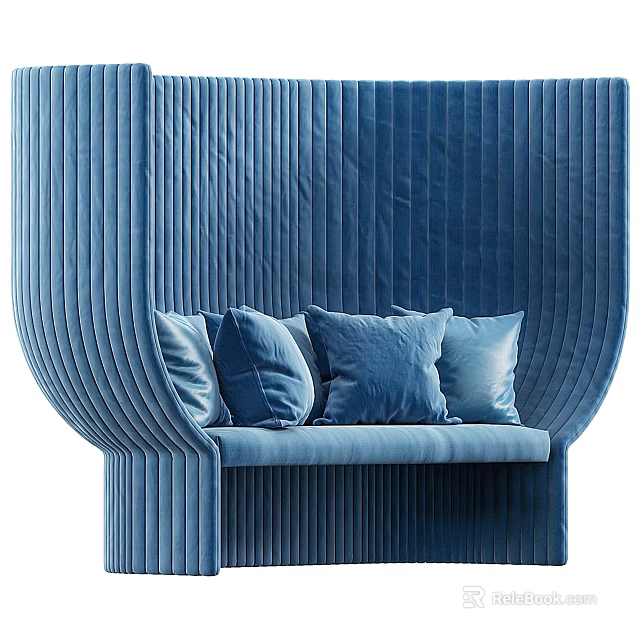 Blue Velvet Sectional Sofa With Vertical Stripe Design And Soft Pillows 3d model