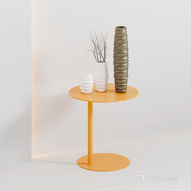 Modern Orange Round Side Table Topped With White And Gray Spiral Pattern Vases 3d model