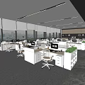 Modern Public Office Space With Desks Office Chairs Computers Large Windows And Green Plants